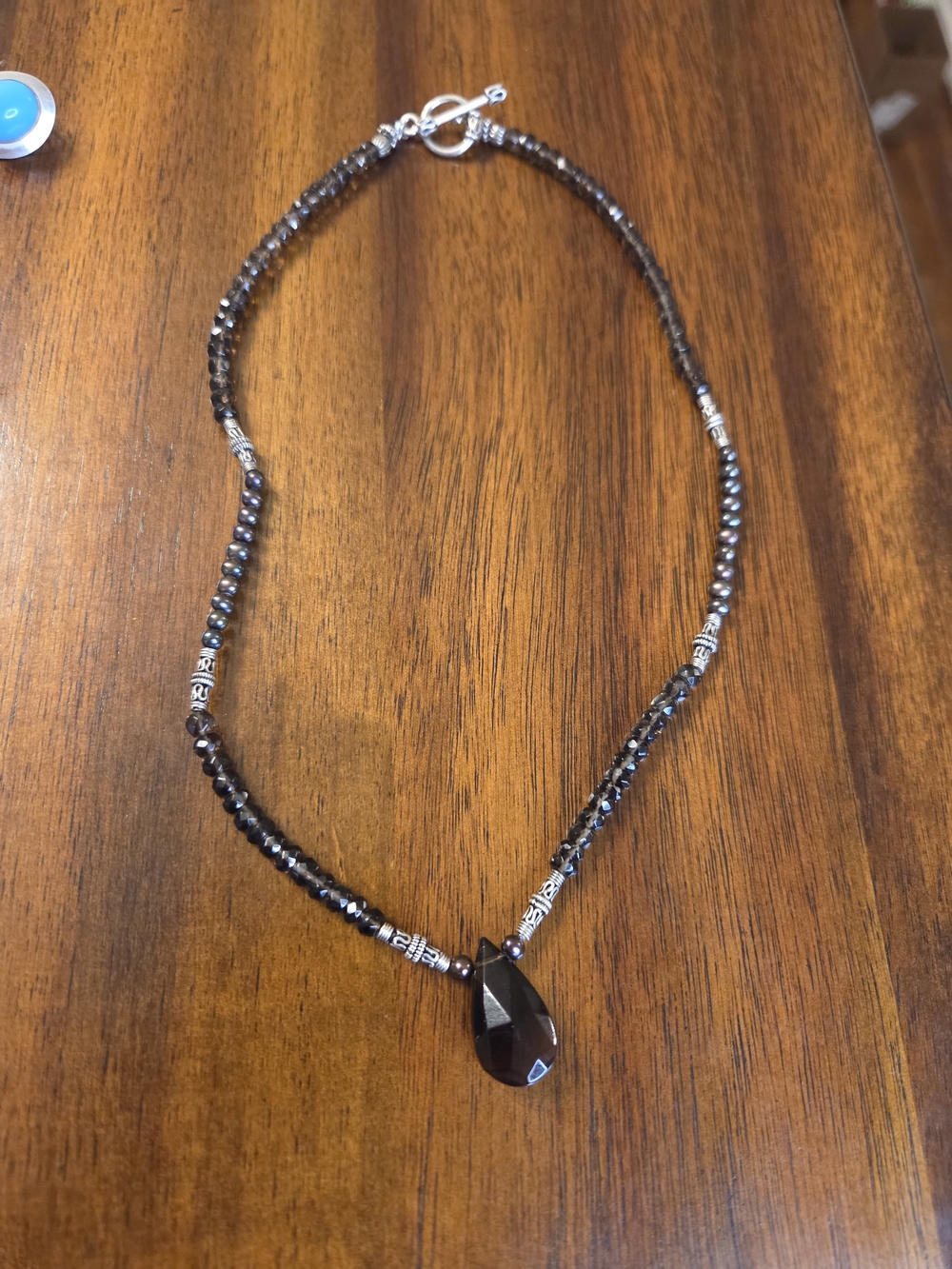 Craft Necklace of Natural Stones Smoked Quartz, Pearls and Silver Details